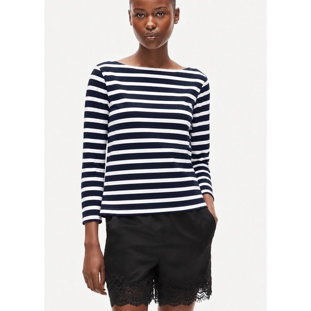 J. CREW Women's COTTON BOATNECK LONG SLEEVE STRIPED TEE NAVY IVORY SIZE L NWOT
